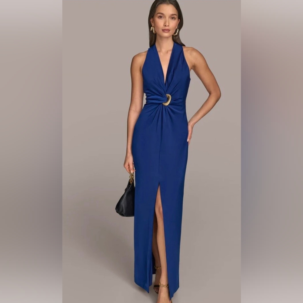 Elegant Blue Halter Maxi Dress